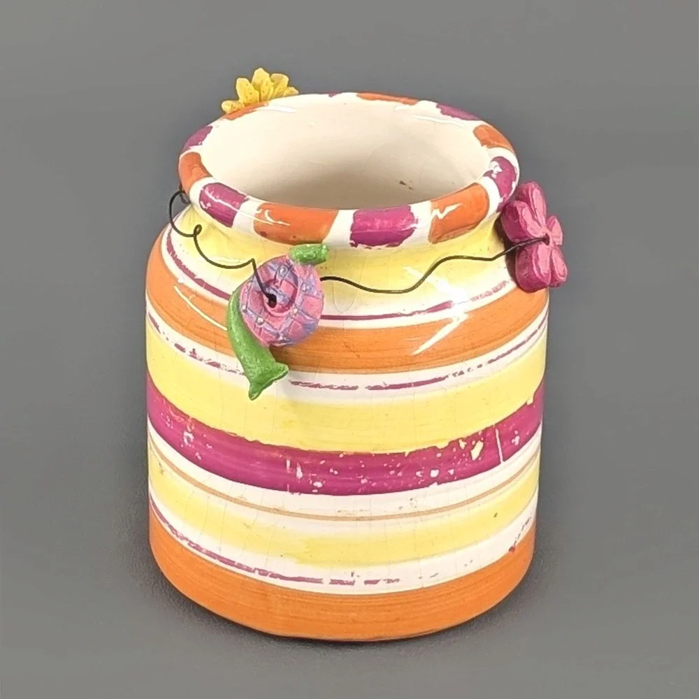 Hand Painted Ceramic Striped Flower Snail Jar Whimsical Boho Decor 4 Inch